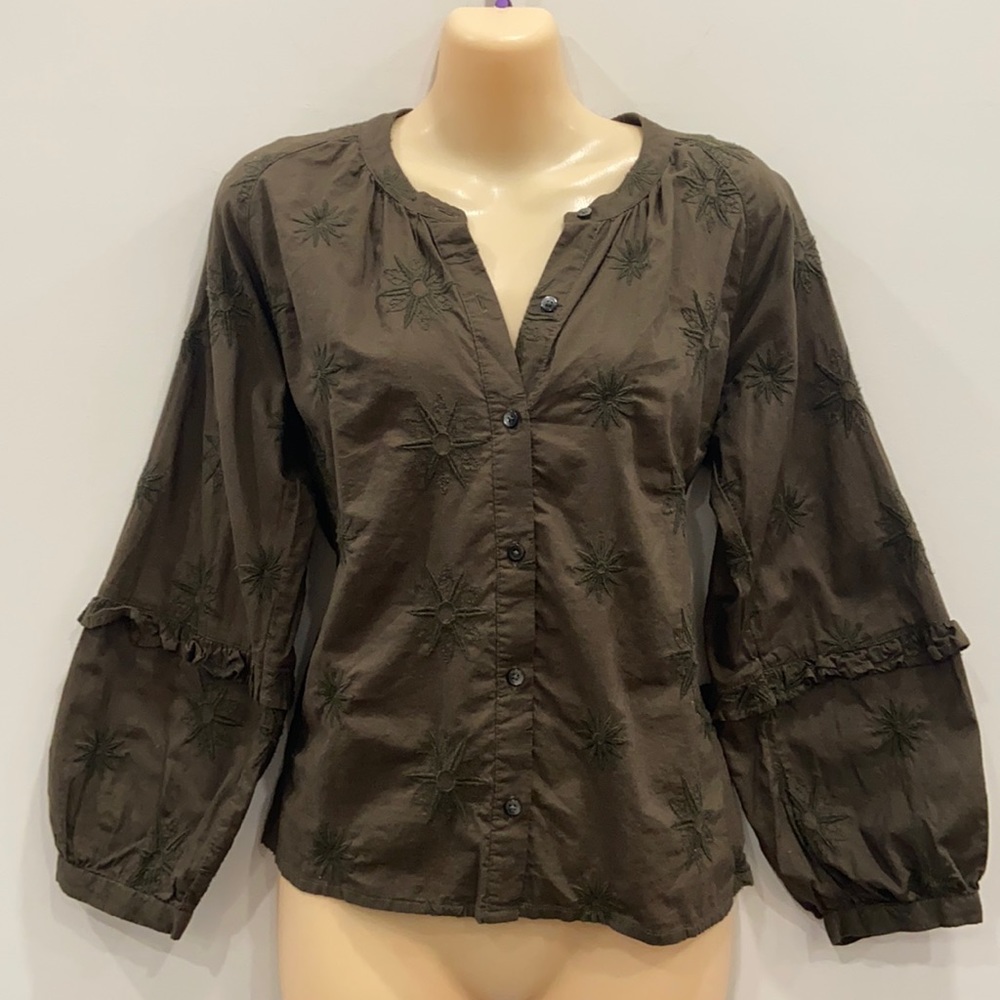 Madewell Olive Green Embroidered Blouse